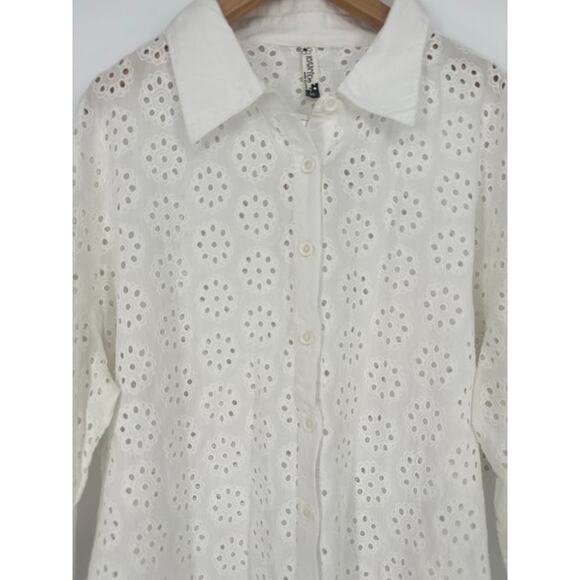 ICanToo Top Women Size XL White Eyelet Lace Button Up Capsule Cottage Romantic - Picture 2 of 10